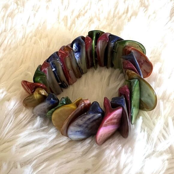 Abalone Shell Chunky Stretch Bracelet Iridescent Shell Mother of Pearl Multicolo - Picture 7 of 11